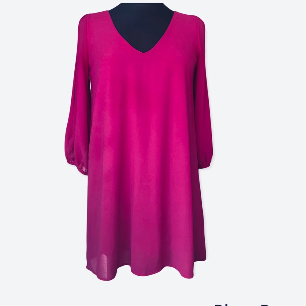 Lulus Fuchsia V‎ Neck Long Sleeves Midi Dress Sz S